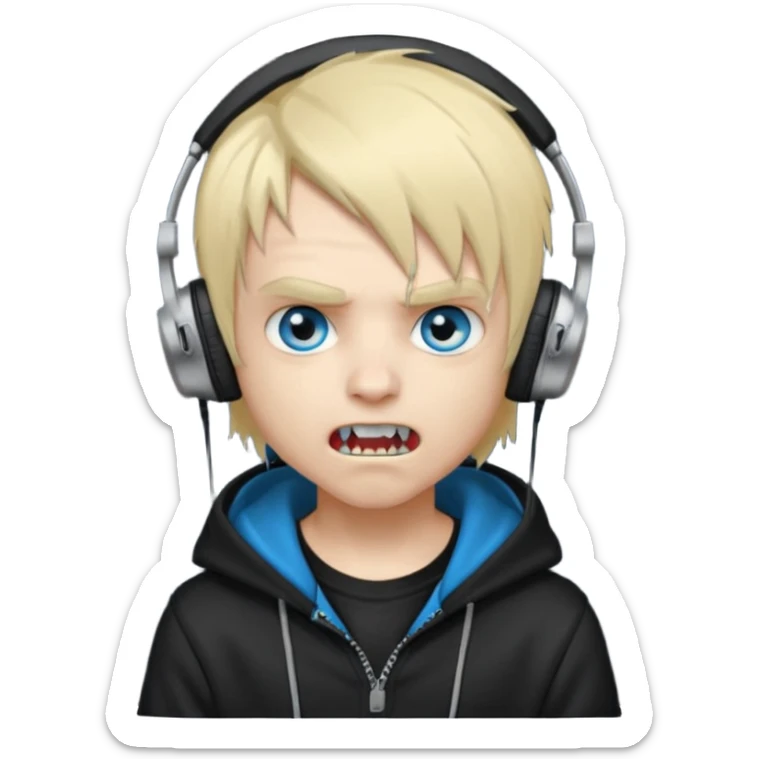 boy vampire whit blonde emo hair and eyes blue and grey skin and heandphones black AND A MICROFONE AND GOLD TEETH and agesive face and the hoodie black  sticker