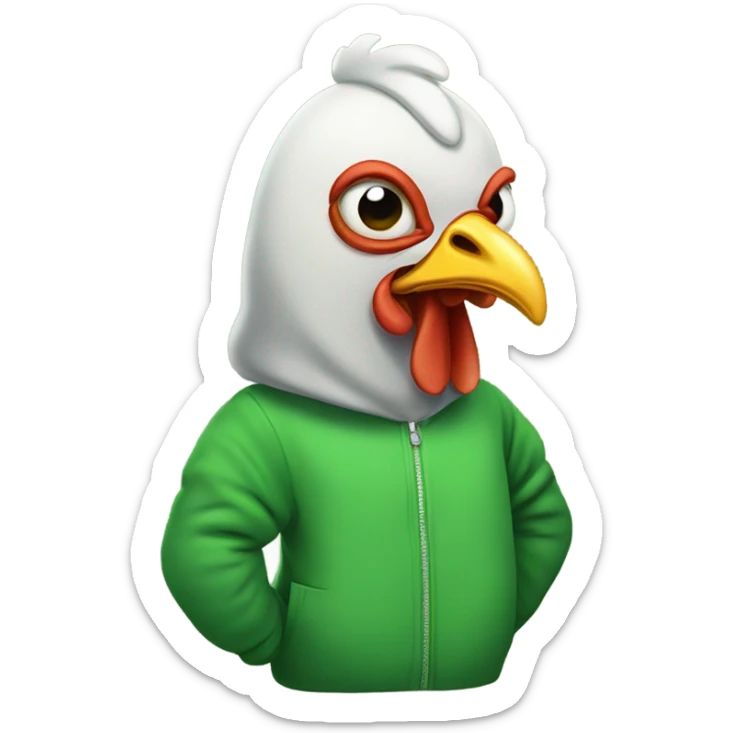 A chicken with one eye, wearing a green hoodie wearing a chicken suit sticker