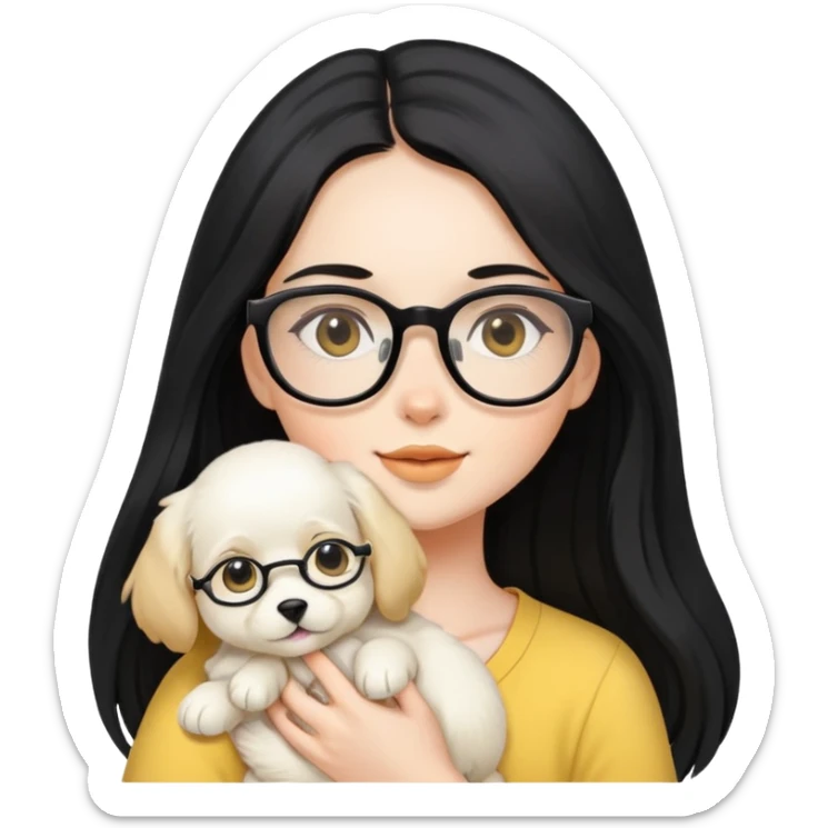 A beautiful girl with long black hair and glasses is holding a long-haired white and yellow puppy sticker
