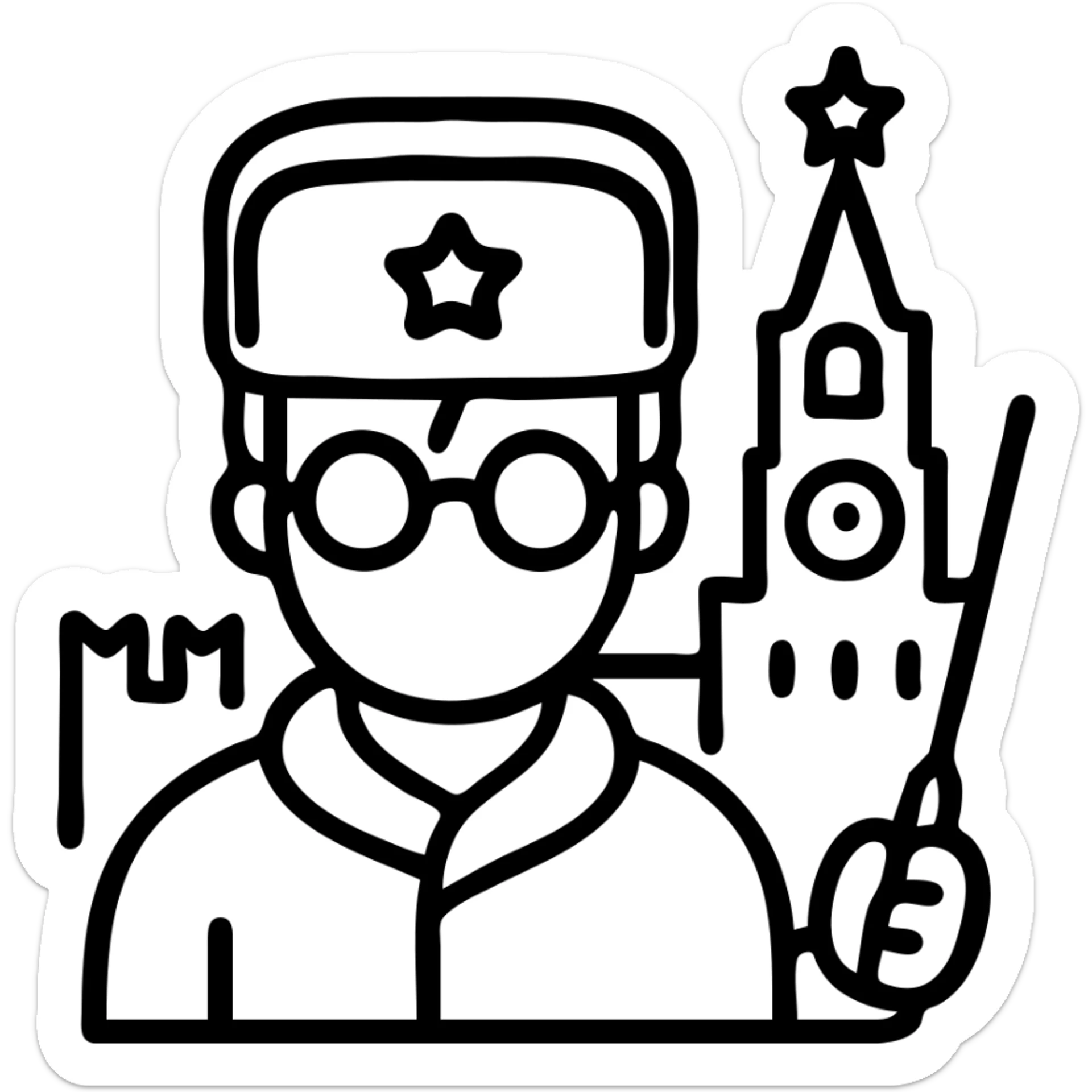 Harry Potter character with lightning scar, round glasses, holding wand, wearing ushanka Russian hat with Red Square in background sticker
