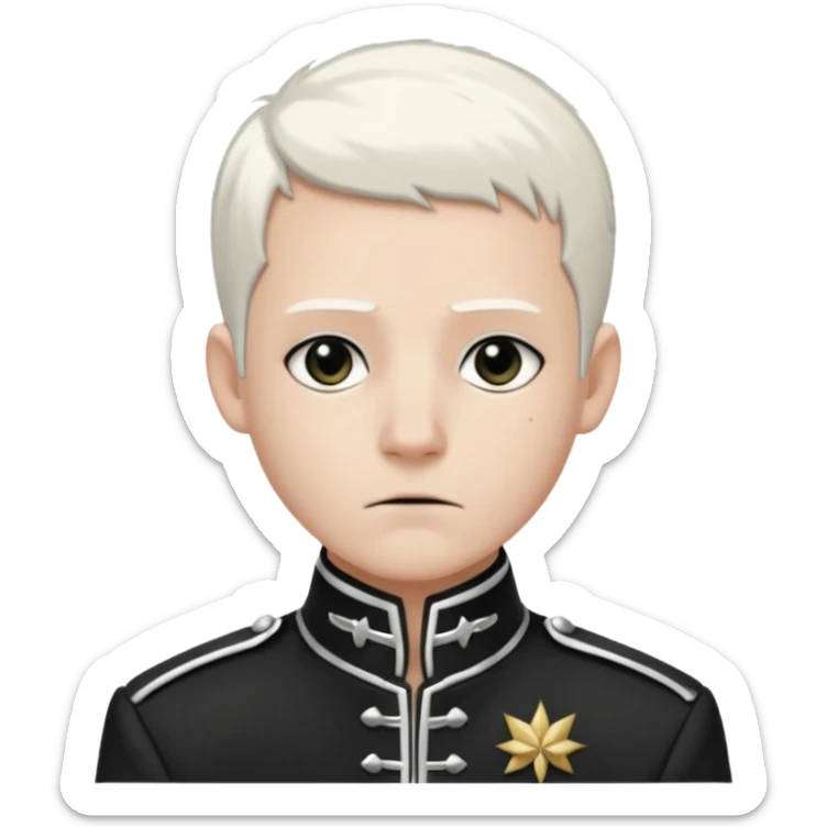 Head and shoulders emoji of a pale man with short white hair, wearing a black marching band jacket with silver trim. black eyeliner. Expression stoic, commanding, and theatrical, heroic emo style sticker