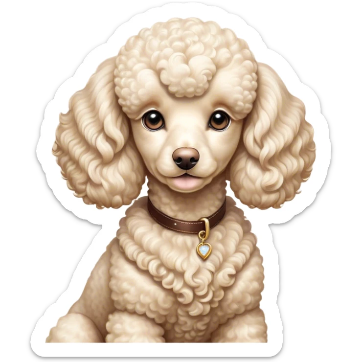 Cinematic Noble Cream Poodle Portrait Emoji, Poised and regal, with a refined, elegant build and a meticulously groomed, curly cream Fur, deep-set soulful warm eyes, Simplified yet sharp and sophisticated features, highly detailed, glowing with a soft, dignified glow, high shine, intelligent and graceful, stylized with an air of sophistication, focused and attentive, soft glowing outline, capturing the essence of a watchful and confident companion, so majestic it feels as though it could prance out of the screen with effortless authority! sticker