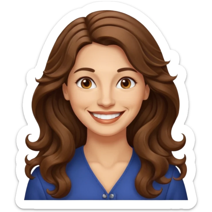 40 yr croatian woman, long wavy brown hair, big smile, side part, 
 sticker