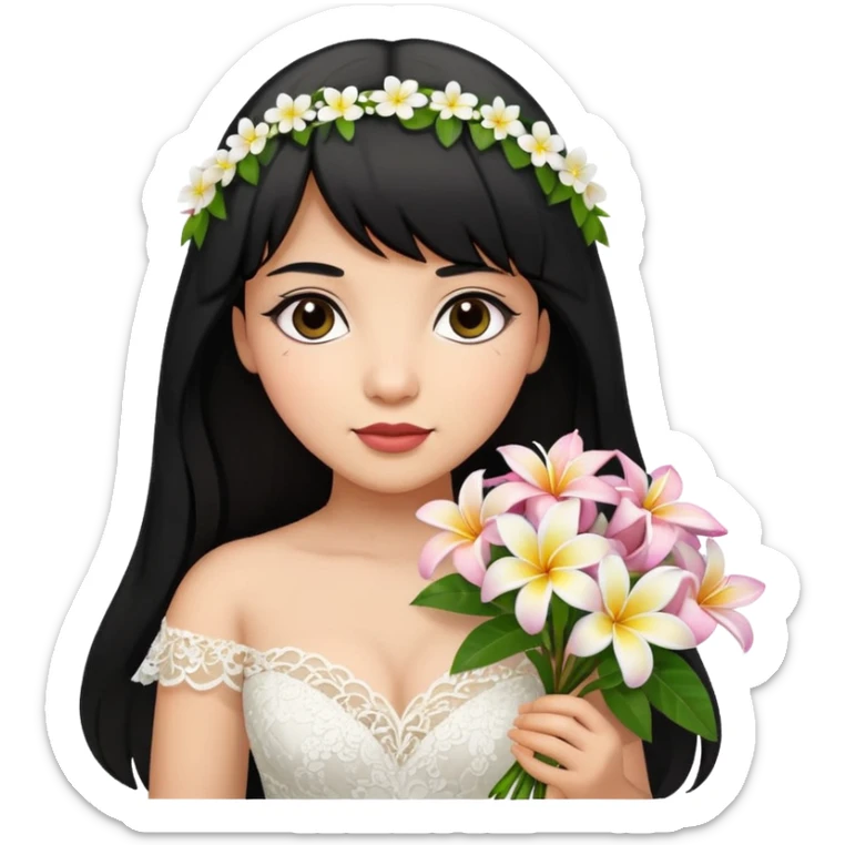 Latina girl with bangs black long hair plus size lace wedding dress with plumeria bouquet sticker