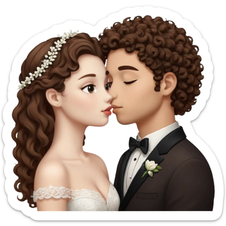 A couple kissing, the man would be white-skinned, mid fade-curly, brown-hair. The serious woman with white skin, long hair and brown color sticker