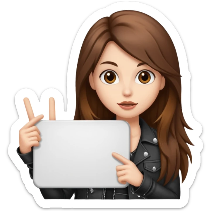 A fair skin rocker chick with long brown hair holding a large blank sign sticker