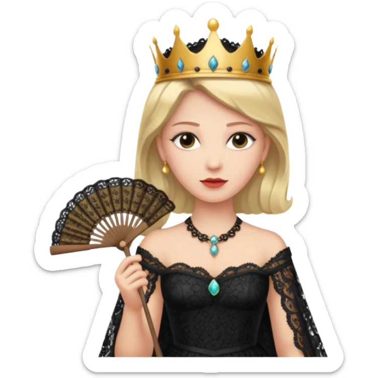 A stern queen with dark lace dress, holding a fan and observing with authority.
 sticker