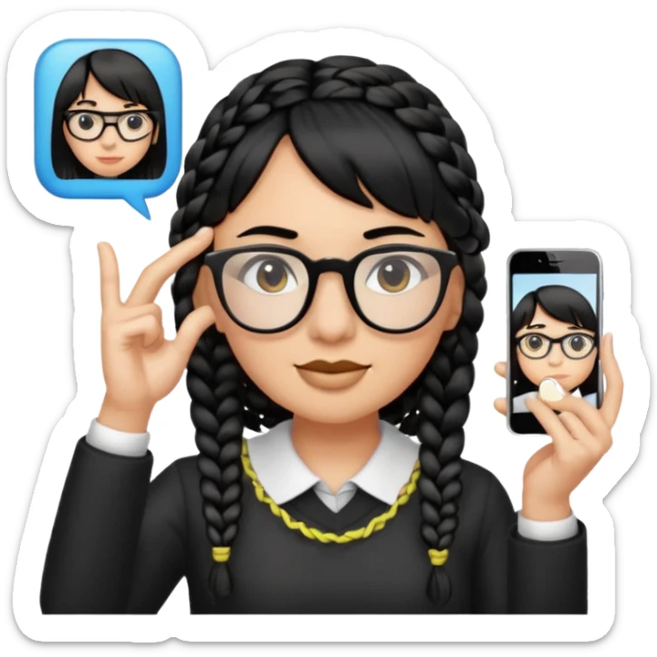 Black hair is braided to the left, bangs, horn-rimmed glasses, and only the eyes of the emoji taking a mirror selfie with iPhone white are visible, and the nose is covered with the iPhone sticker