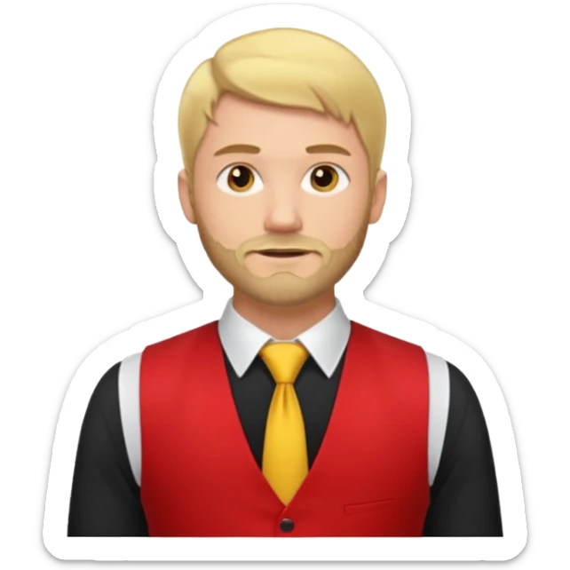 A blond man wearing a black dress shirt, red tights, and a yellow tie. A red vest over his black shirt. A blond man with dark blond hair and a short beard. His outfit consists of a black shirt, a red vest over it, and a yellow tie. sticker