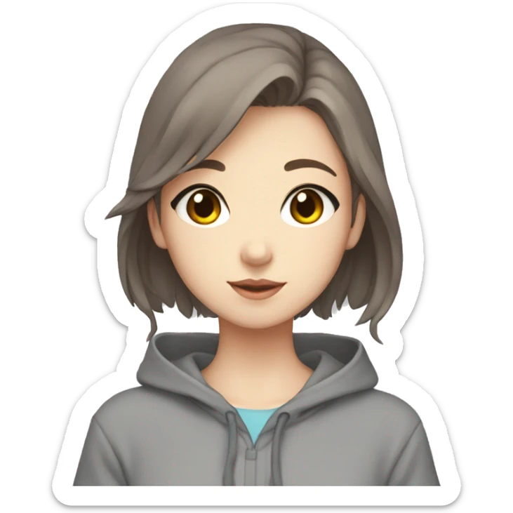 anime girl with brown hair, blue eyes grey hoodie, and a ducky hair clip sticker