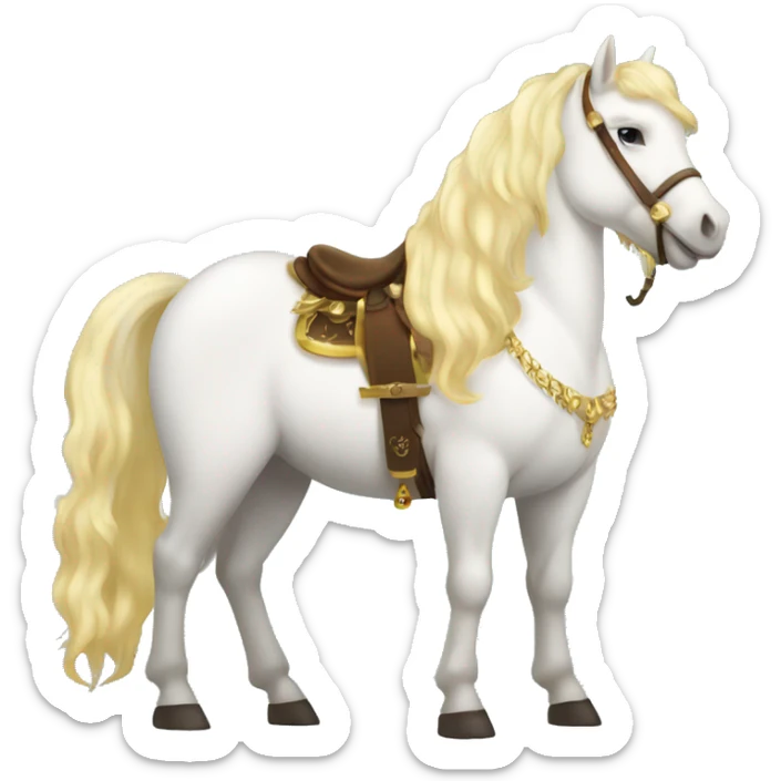 Fatty white pony with blonde hair. It needs to be a complete pony, with a gold crown and lots of jewelry. It needs to have a red and gold saddle sticker