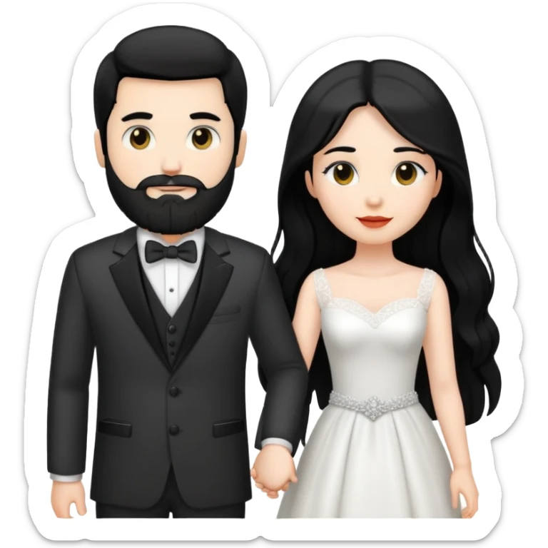 couple of newlyweds holding hands, white skin man with black hair and beard; white skin woman with long black hair and black eyes sticker