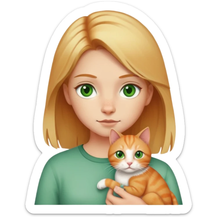 Draw a girl with medium-length blond hair, green eyes, she has a scar on one eyebrow, and she is holding a ginger cat in her hands. sticker