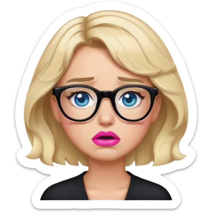 Blonde woman with short wavy hair, blue eyes and pink lips wearing black glasses crying  sticker