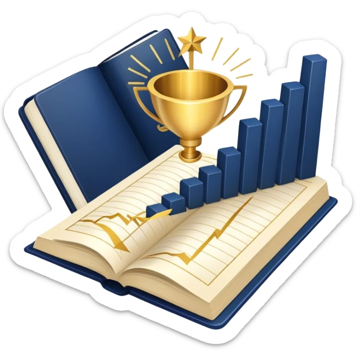 A navy blue productivity book with gold details, chart with upward trend aura, radiating productivity, strategy, and success in motion- sticker