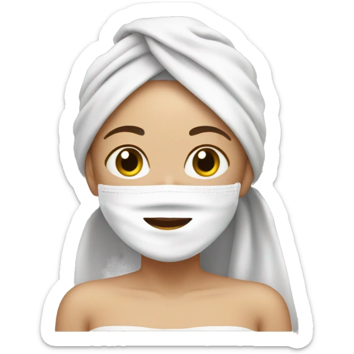 white skin girl with her hair in a towel and a facial mask on sticker