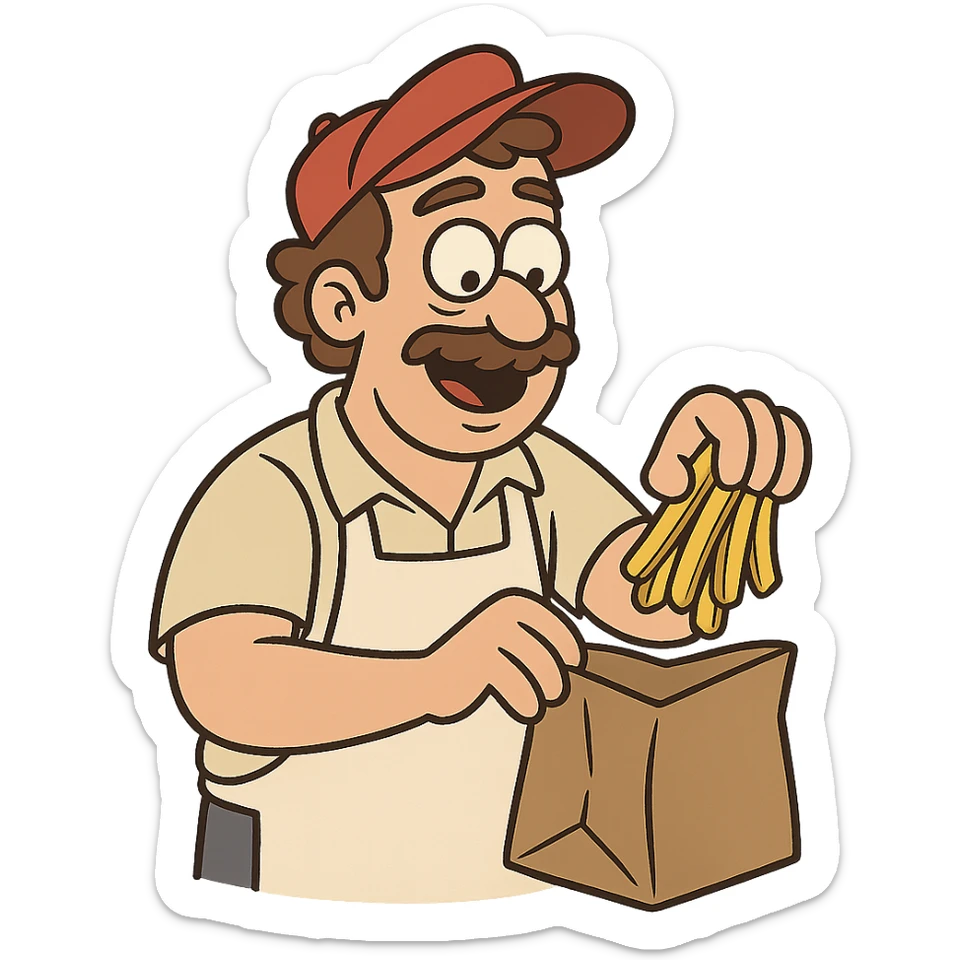 man putting fries in a brown paper bag, cartoon style sticker