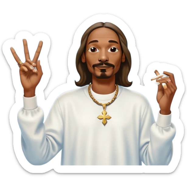Virgin Mary style Snoop Dogg portrait holding a blunt in left and right hand with cloud and heavenly background  sticker