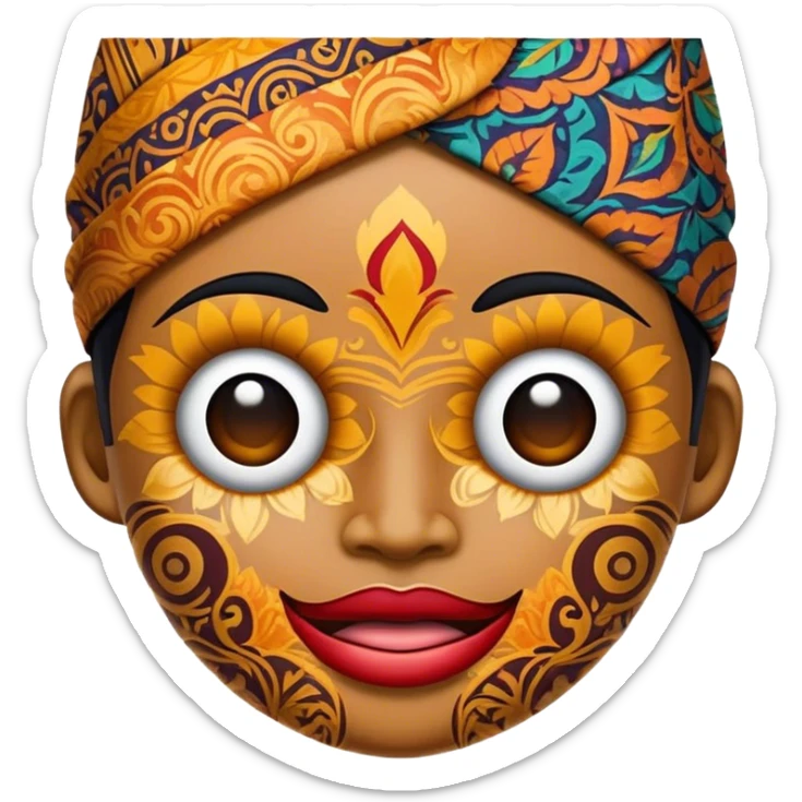 Cinematic Realistic Indonesian Batik Pop Culture Emoji, showcasing intricate, colorful batik patterns rendered with detailed textures and vibrant, cultural lighting. sticker