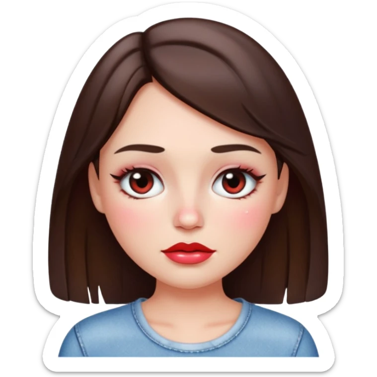 “Emoji brunette girl white top, dewy skin, heavy blush across cheeks and nose bridge, glossy cherry lips, soft eyeliner, teary sparkling eyes like hanni from new jeans sticker