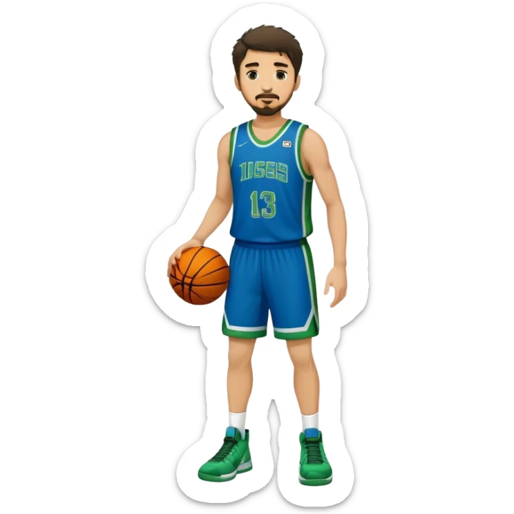 Full Body white male basketball player with short dark shaggy hair and goatee wearing blue and green uniform sticker