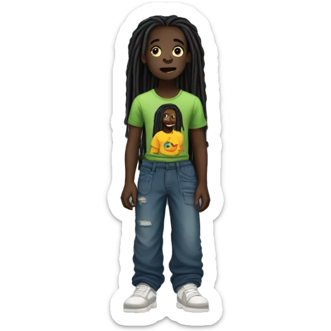 dark-skinned person with long dreads wearing a enfants de primes t-shirt and over sized pants  sticker