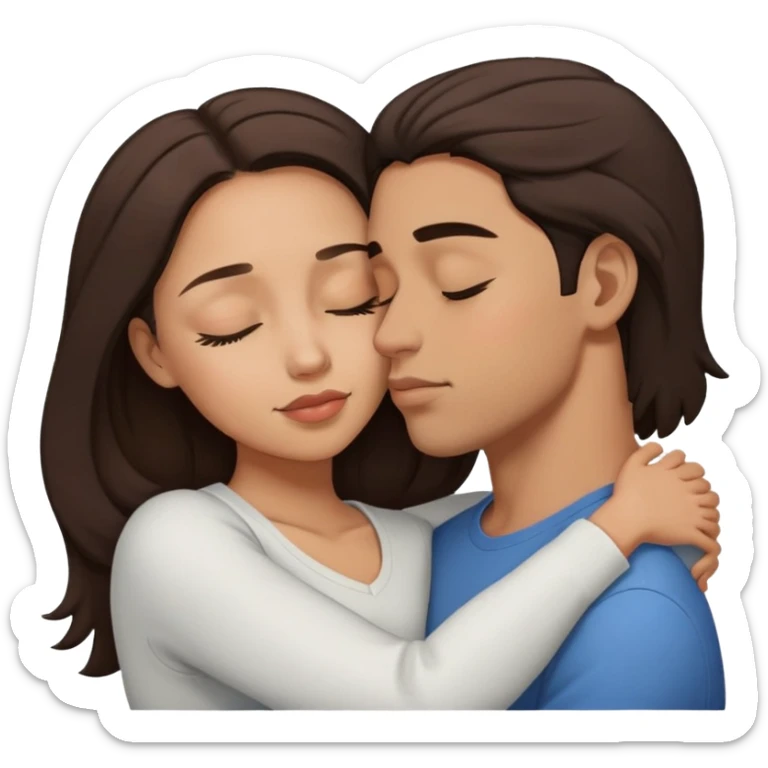 A couple, light skin, dark brown hair, eyes closed, hugging and he’s kissing her on her forehead sticker