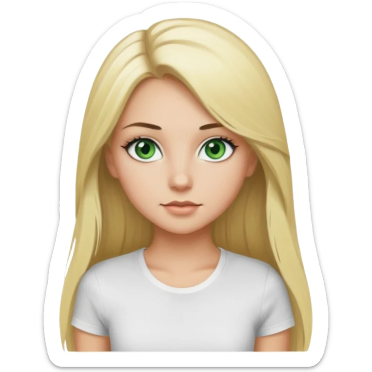 Un fille blonde au yeux vert je veut du mascara sur mais sil je veux un t-shirt blanc moulant et je veux un pantalon noir et les cheveux longs  sticker