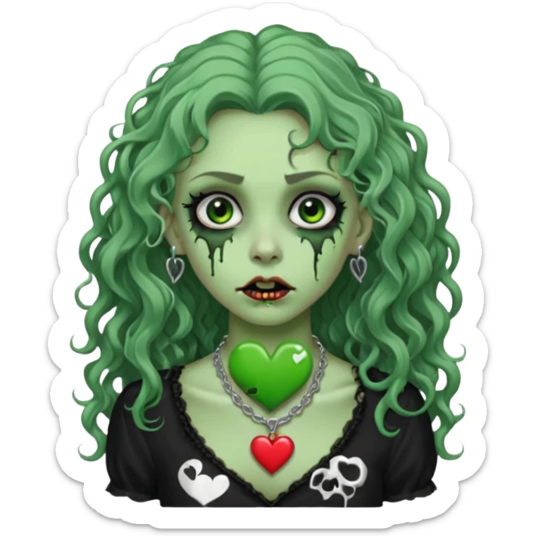 a green zombie girl with a scar on her face, long curly hair, wearing a black blouse and a silver necklace with a heart pendant downcast eyes and eyeliner sticker