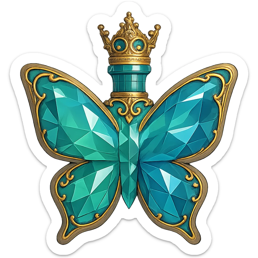 crystal butterfly-shaped bottle with short neck and princess crown, green and blue colors, many facets, glowing, ornaments, golden details, transparent background, bottle clearly floating in air with no base or shadow, very close to original sticker