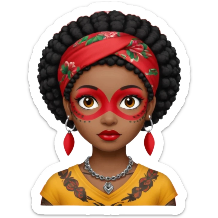 black afro hair with red head bandana and lots of face tattoo black skin girl sticker