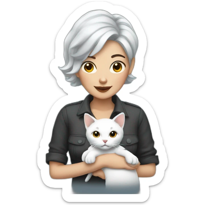 short gray hair tattooed woman with a white cat in her hand sticker
