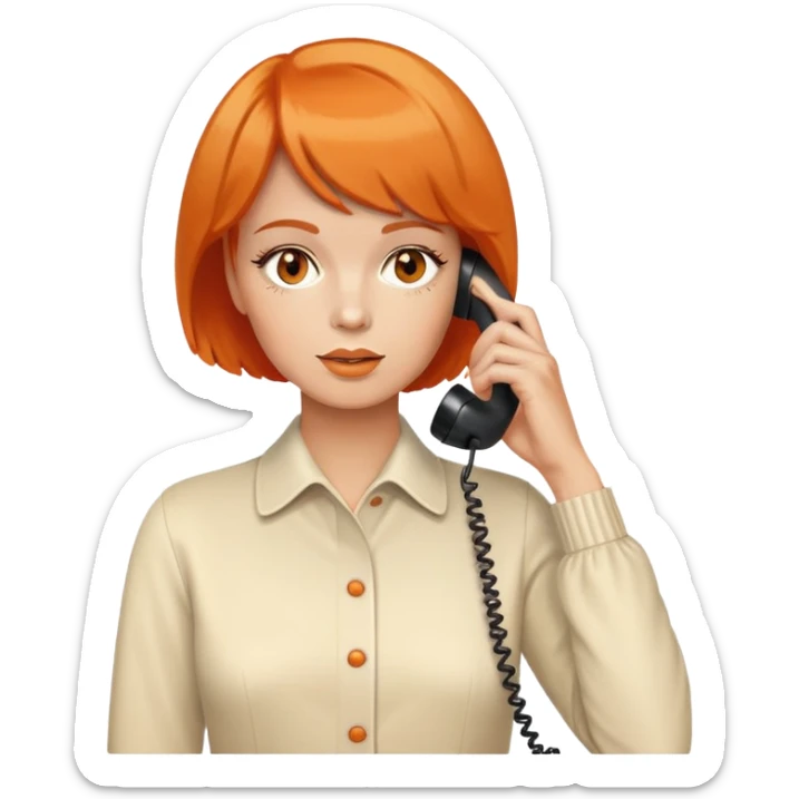 upper body of a woman with short orange hair talking on a white 70s phone sticker