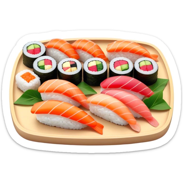 Cinematic Realistic Sushi Dish Emoji, depicted as an artful arrangement of fresh sushi with vibrant colors rendered with lifelike textures and delicate, natural lighting. sticker
