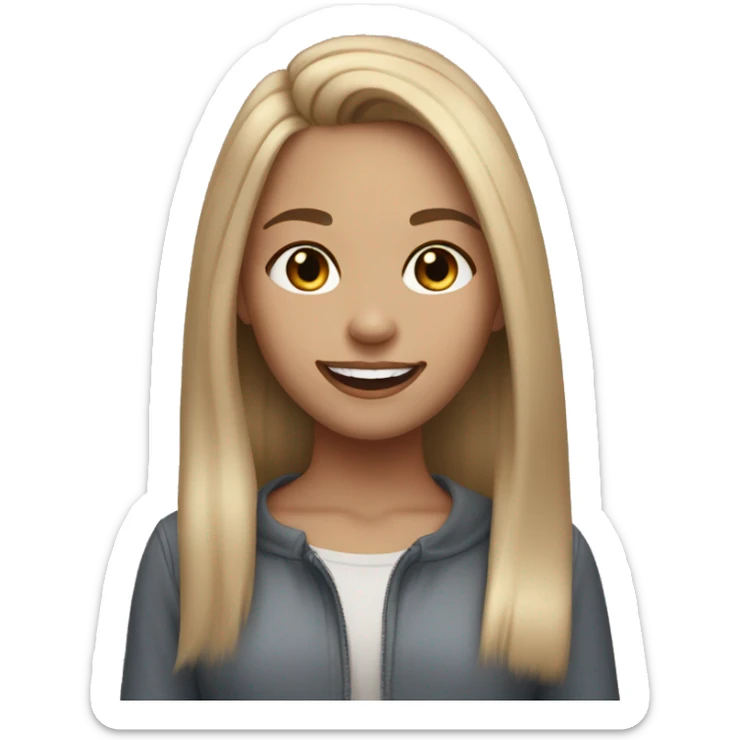 Girl with straight dirty blonde hair with light blonde highlights with makeup smiling and long hair sticker