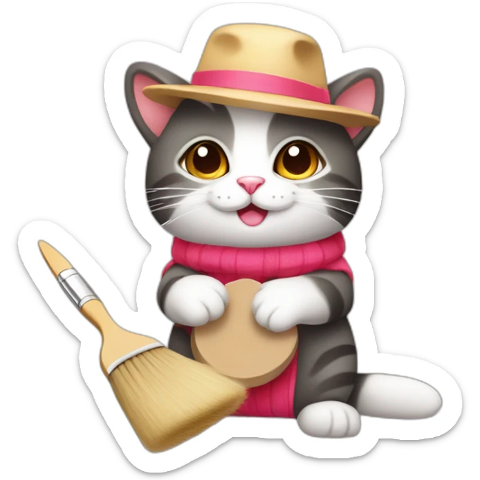 Kawaii cat artist in hat holding palette and brush so it can be used as a mouse cursor sticker