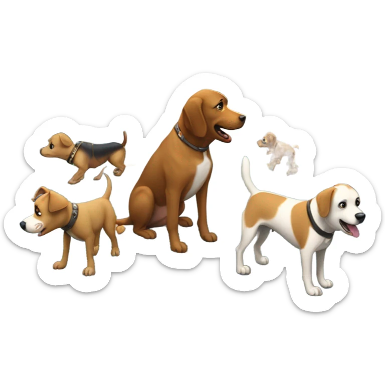 5 dogs eating while crying and crossing the road on top of  a huge city filled with robots sticker
