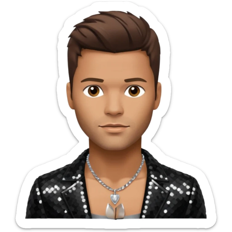 Ricky Martin with brown hair, black sequin jacket, shirtless with necklace sticker