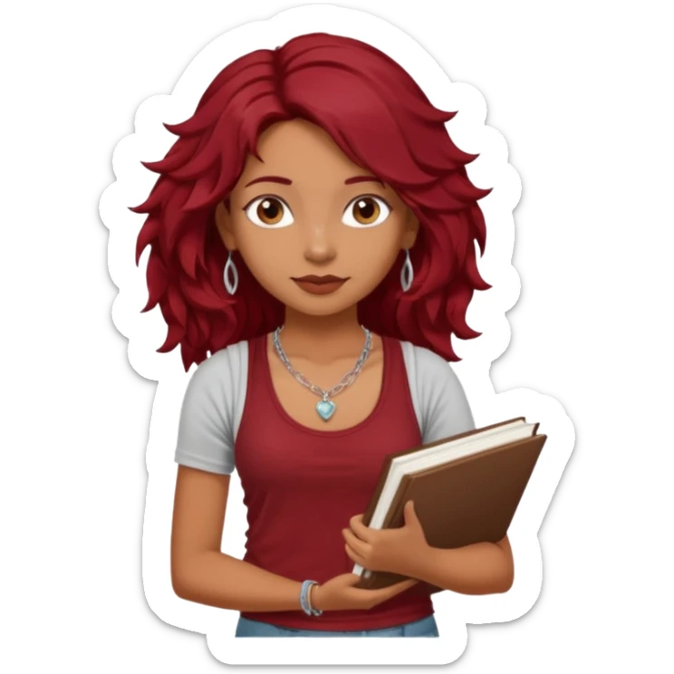 a pretty tan indian bratz girl with messy dark wavyred hair, wearing a dark red tank top, layered silver necklaces. Carrying multiple sketchbooks sticker