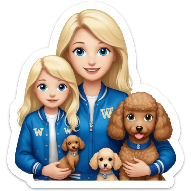 smiling mother in letterman jacket with W and Blue eyes, two Little girls Long blond straight hair and Blue eyes and one brown poodle puppie sticker