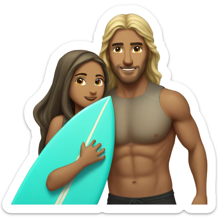 strong surfer dude with long hair in love with a muslim girl sticker