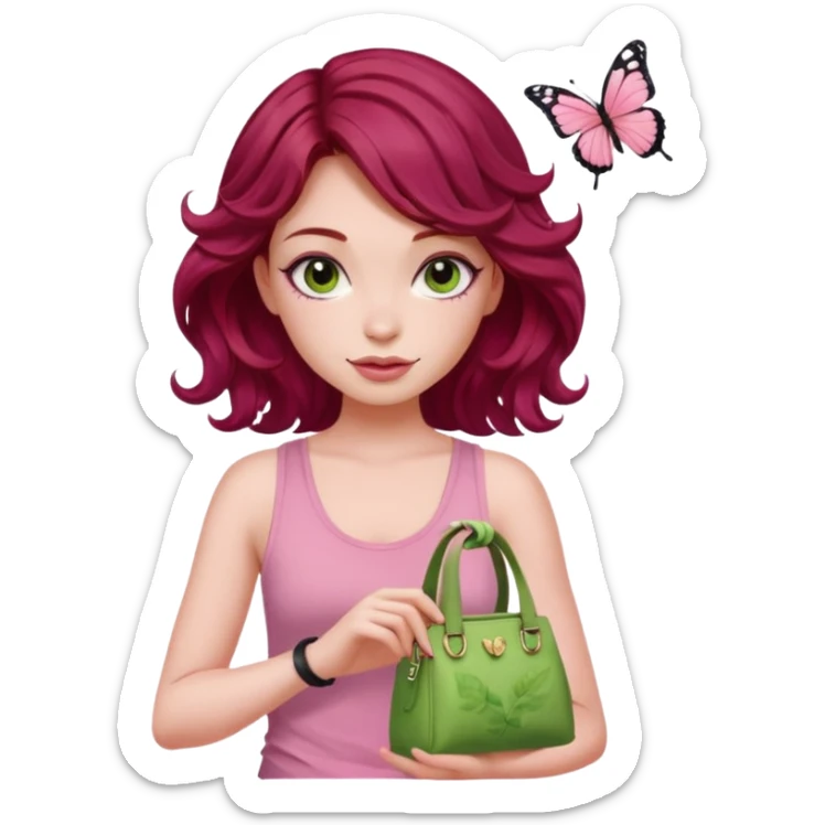 a pretty fair bratz girl with wavy dark red hair, wearing a pink tank top , carrying a matcha and a pink bag. eyeliner on. butterfly tattoo on arm sticker