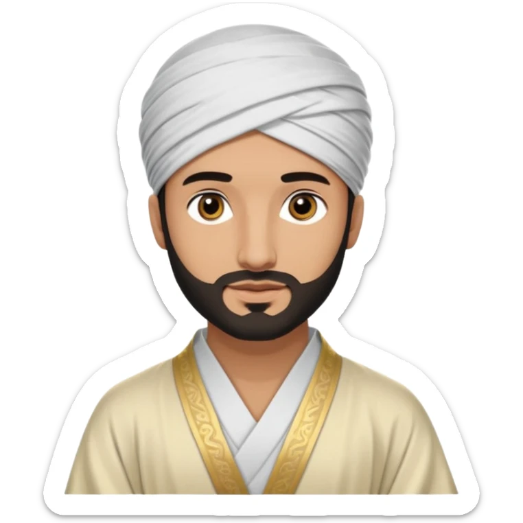 
-Apariencia: Joven de unos 25-30 años, atractivo,.
-Rostro: Ojos oscuros, piel ligeramente morena, rasgos árabes finos.
-Cabello: Negro, algo rizado o suelto, con barba fina.
-cuerpo entero Cuando se revela su identidad, puede llevar una túnica más oriental, con faja y turbante sencillo. sticker