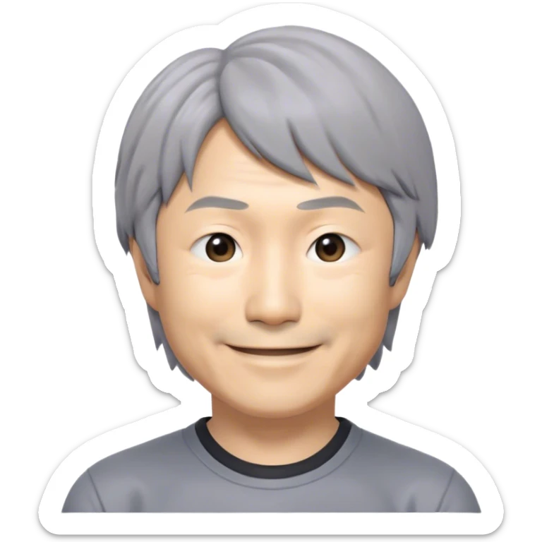​Cinematic Realistic Portrait of a Smiling Shigeru Miyamoto, depicted with warm, approachable features, gentle grey-tinted hair, and kind, expressive eyes, set against a subtle backdrop hinting at iconic video game imagery, rendered with lifelike textures and soft, inviting lighting that captures his innovative spirit, sticker