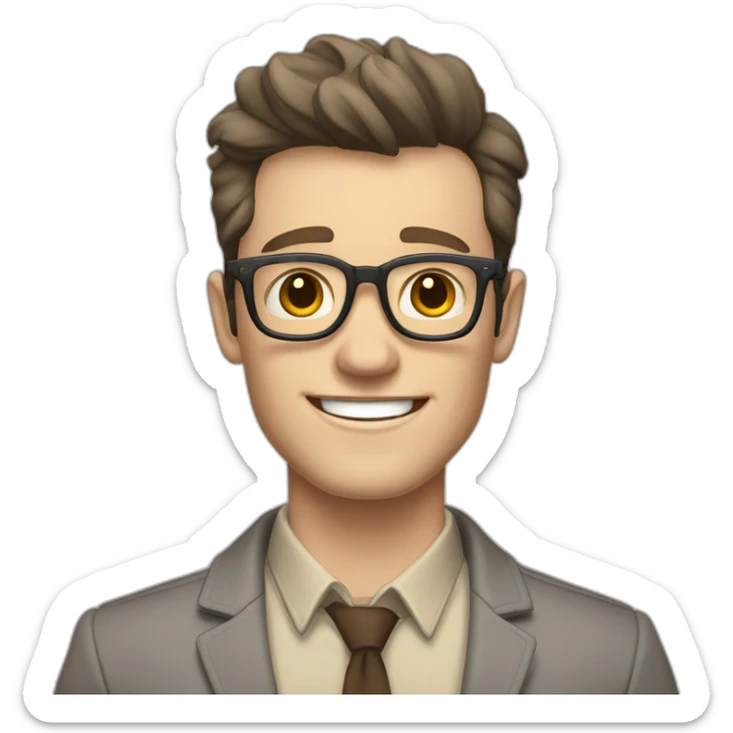 Joyful Pale skinned Fit Man With dark brown hair in gray jacket, beige office shirt, Brown pants and vintage glasses. His thrumbs up sticker