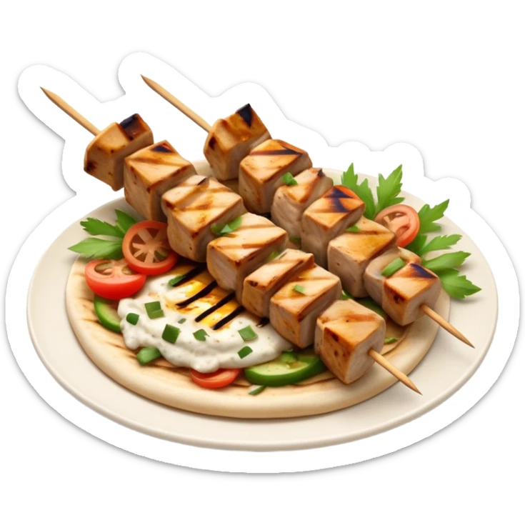 cinematic-realistic-souvlaki-dish-emoji,-showcasing-skewered,-grilled-chicken-with-mediterranean-spices-rendered-with-dynamic-textures-and-warm,-appetizing-lighting on pita bread on a plate sticker