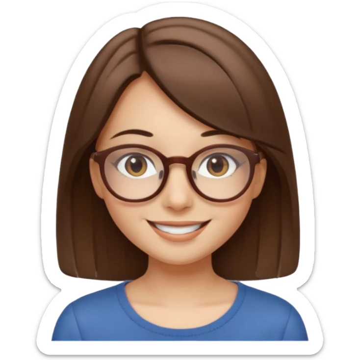 A girl with straight brown hairs and beige roundish glasses sticker
