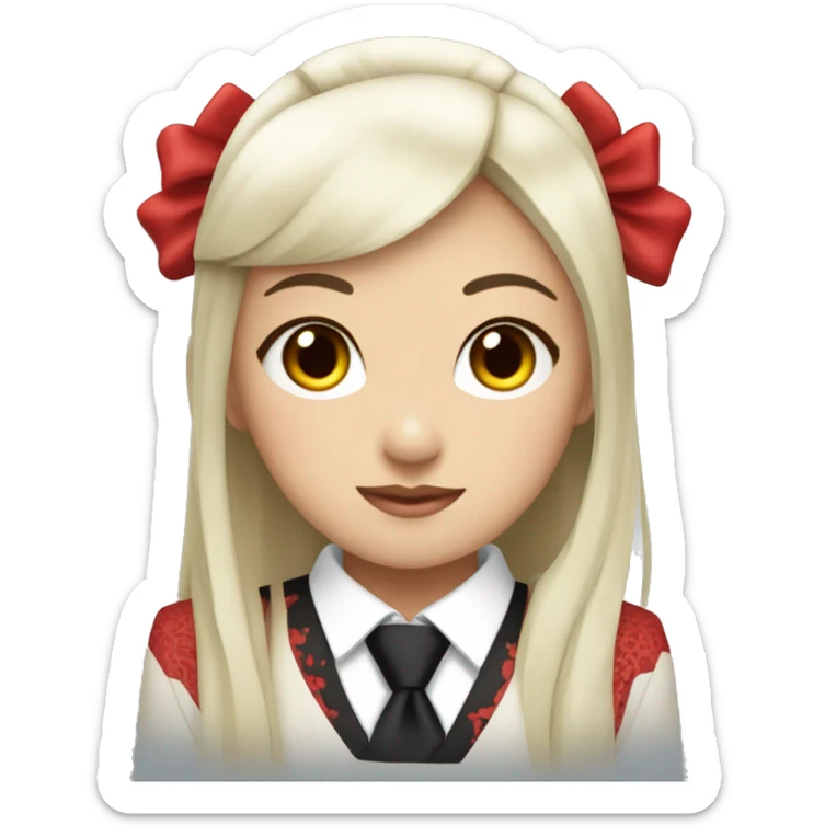 Asian girl with red eyes, a japanese hime-cut hairstyle, wearing a red suit with a black cross tie. sticker