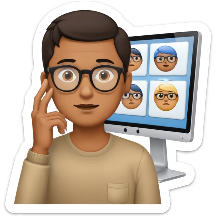 A man with glasses looks at several monitors and holds his hand to his chin sticker