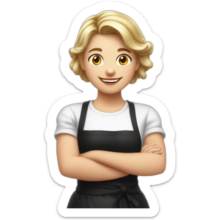 Slavic girl in a white T-shirt and black apron waves her right hand and smiles sticker